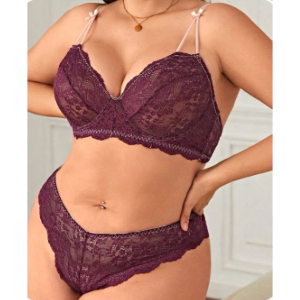 2 Pc. Plus Size Sexy Purple Lace Underwire Bra Set